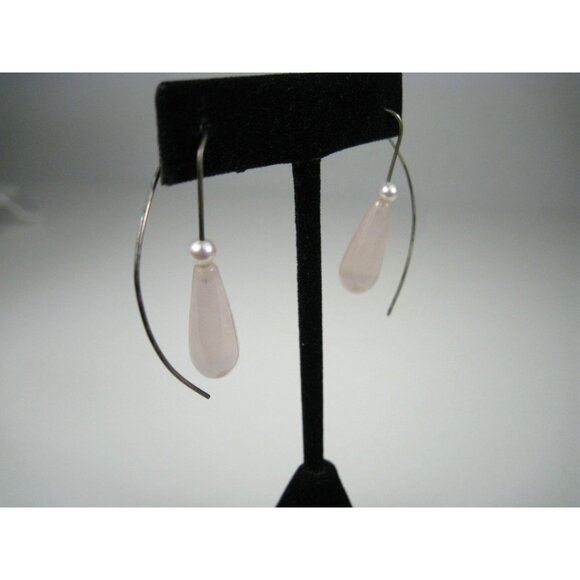 Rose Quartz Stone Pearl Drop Silver Hook French Wire Earrings Long 2 inch Sweep - Picture 7 of 8